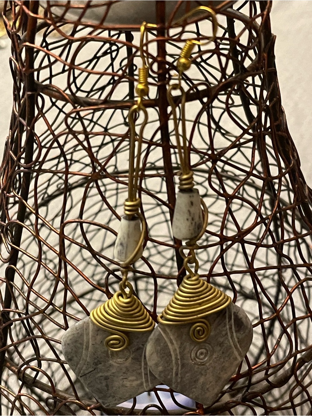Handcrafted Afrocentric Maasai Wire Wrapped Brass & Bone Dangle Earrings